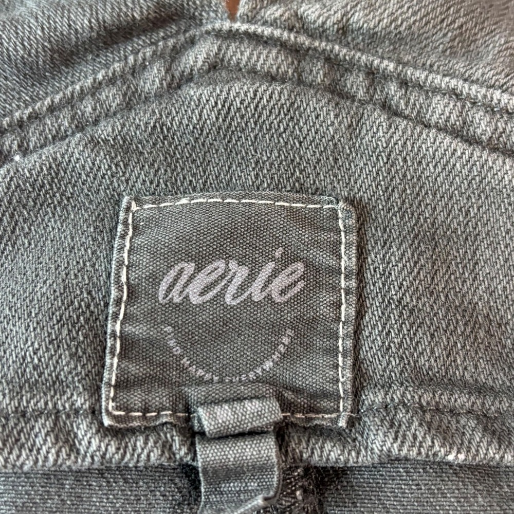 Aerie Womens Wide Leg Denim Overalls Charcoal Gray Raw Hem Button Side Bib Front - Picture 3 of 9